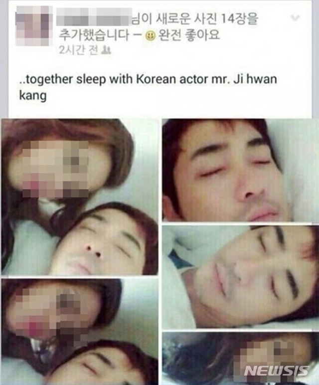 【서울=뉴시스】탤런트 강지환이 성폭행 혐의로 긴급체포되면서 필리핀 여성 침대 셀카 사건이 재조명되고 있다. 2014년 7월 한 필리핀 여성은 페이스북에 "한국 배우 강지환과 함께 잠을 잤다"라는 글과 함께 잠들어있는 강지환의 옆에 누워 찍은 사진을 올린 바 있다. 2019.07.10. (사진=온라인 커뮤니티) 