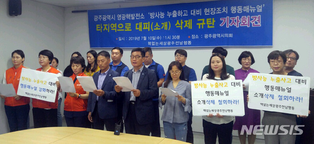 【광주=뉴시스】변재훈 기자 = 핵없는세상광주전남행동이 10일 오전 광주시의회 시민소통실에서 기자회견을 열고 "광주시가 방사능 누출사고 대비 현장조치 행동 메뉴얼에서 타 지역으로의 대피 계획을 삭제하려는 시도를 철회해야 한다"고 촉구했다. 2019.07.10. (사진=핵없는세상광주전남행동 제공)photo@newsis.com