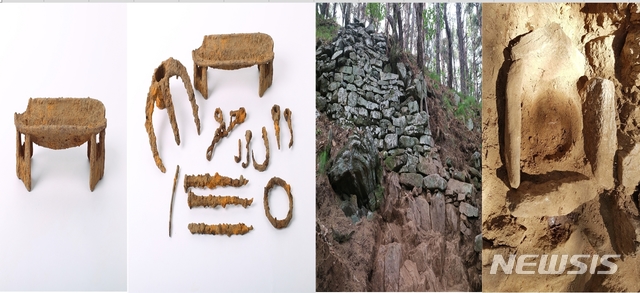 【장수=뉴시스】 한훈 기자 = 사진은 전북 장수 삼봉리 산성 유적에서 발견된 가야의 악연(사진 왼쪽), 철기류, 산성 등이다.2019.07.11.(사진=장수군 제공) photo@newsis.com
