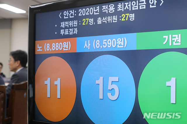 【세종=뉴시스】강종민 기자 = 12일 새벽 정부세종청사에서 열린 최저임금위원회 13차 전원회의에서 2020년 최저임금이 2.87% 인상된 8590원으로 결정됐다.&nbsp; 박준식 최임위원장이 결정된 최저임금안에 대해 기자들의 질문에 답하고 있다. 2019.07.12.&nbsp; ppkjm@newsis.com