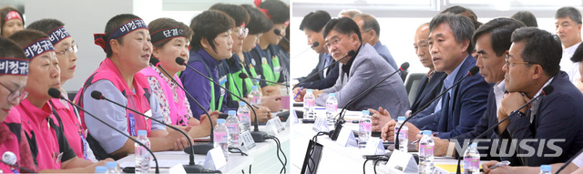 【세종=뉴시스】강종민 기자 = 16일 오후 세종시 어진동 전국시도교육감협의회에서 교육부·교육교섭단과 학교비정규직연대회의가 교섭을 시작하고 있다. 교육부는 학비연대의 요구안을 모두 수용할 경우 6100억원의 추가 재정이 필요하다며 여건에 맞는 처우개선이 필요하다고 밝혔고, 학비연대는 ▲기본급 6.24%인상 ▲공무원 최하위 직급 임금의 80% 수준의 공정임금제 등을 주장하고 있다. 2019.07.16. ppkjm@newsis.com