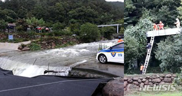 【구례=뉴시스】 류형근 기자 = 21일 오전 7시52분께 전남 구례군 광의면 한 팬션에 투숙 중이던 A(57·여)씨 등 8명이 불어난 계곡을 건널 수 없다며 도움을 요청해 119 등이 구조했다. 2019.07.21. (사진=전남도소방본부 제공) photo@newsis.com