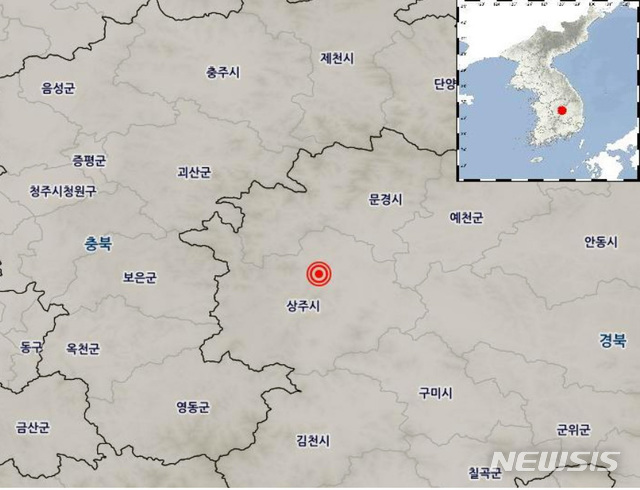 【서울=뉴시스】 기상청은 21일 오전 11시04분께 경북 상주시 북북서쪽 11㎞ 지역에서 규모 3.9의 지진이 발생했다고 밝혔다. 진앙은 북위 36.50도, 동경 128.10도며 발생깊이는 14㎞다.이 지진으로 경북·충북에 진도 4, 대전·세종·전북에 진도 3, 강원·경기·경남·대구·충남에 진도 2의 진동이 감지됐다. 2019.07.21.(사진=기상청 홈페이지 캡쳐) photo@newsis.com