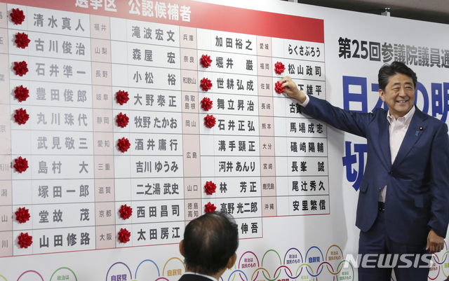 Japanese Prime Minister Shinzo Abe smiles in front of red rosettes on the names of his Liberal Democratic Party's winning candidates during ballot counting for the upper house elections at the party headquarters in Tokyo, Sunday, July 21, 2019. Prime Minister Abe's ruling coalition appeared certain to hold onto a majority in Japan's upper house of parliament, with exit polls from Sunday's election indicating he could even close in on the super-majority needed to propose constitutional revisions.(AP Photo/Koji Sasahara)
