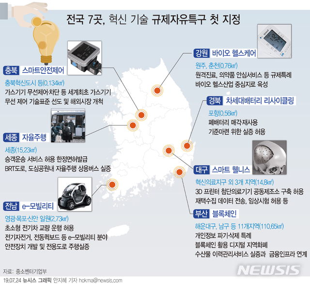 【서울=뉴시스】혁신 기술 테스트와 관련 기업을 집중 육성하는 '규제자유특구'로 7개 지방자치단체가 최종 선정됐다. 정부는 규제특례와 함께 최대 1300억원 예산 등을 지원할 방침이다. (그래픽=안지혜 기자) hokma@newsis.com&nbsp; 