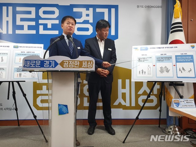 【수원=뉴시스】 박다예 기자 = 김영수 경기도 공정특별사법경찰단장(왼쪽)과 김용 도 대변인(오른쪽)은 24일 도청 브리핑룸에서 부동산 기획수사 결과를 발표하고 있다. 2019.07.24 pdyes@newsis.com