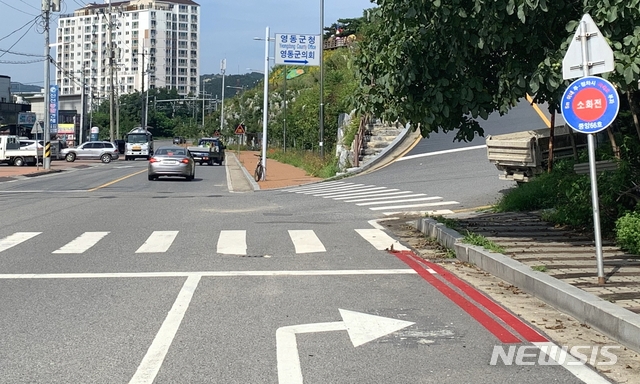 【영동=뉴시스】적색 노면표시 된 소화전 인근 도로.(사진=영동소방서 제공) photo@newsis.com