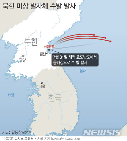 【서울=뉴시스】합동참모본부는 31일 "북한이 오늘 새벽 함경남도 호도반도 일대에서 미상 발사체 수발을 발사했다"고 밝혔다. (그래픽=안지혜 기자)&nbsp; hokma@newsis.com 