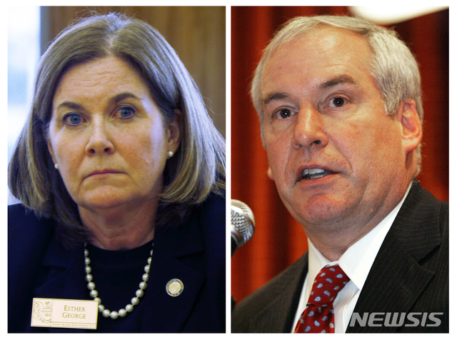 【AP/뉴시스】7월 연방준비제도(연준·Fed) 연방공개시장위원회(FOMC) 회의에서 에릭 로젠그렌 보스턴 연방준비은행(연은) 총재와 에스터 조지 캔자스시티 연은 총재가 기준금리 인하에 반대했다. 왼쪽은 2015년 조지 총재, 오른쪽은 2008년 로젠그렌 총재의 모습. 2019.09.04.