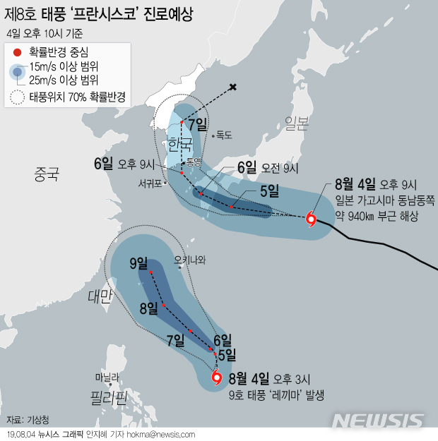 【서울=뉴시스】안지혜 기자 = 기상청에 따르면 제8호 태풍 프란시스코는 4일 오후 9시 현재 일본 가고시마 동남동쪽 약 940㎞ 해상에서 시속 25㎞의 속도로 서북서진 중이다. 한반도에는 6일 밤 상륙할 것으로 관측된다.  hokma@newsis.com