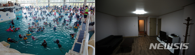 【평창=뉴시스】 사람들로 붐비는 용평리조트 워터파크 피크아일랜드(왼쪽·용평리조트 사진제공)와 현대 엘리엇 호텔 & 리조트의 텅 빈 객실 모습이 대조적이다. (사진=뉴시스 DB)