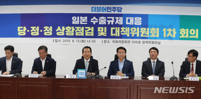 【서울=뉴시스】고승민 기자 = 13일 서울 여의도 국회 의원회관에서 열린 더불어민주당 일본 수출규제 대응 당정청 상황점검 및 대책위원회 1차 회의에서 정세균 대책위 위원장이 모두발언하고 있다. 2019.08.13. kkssmm99@newsis.com