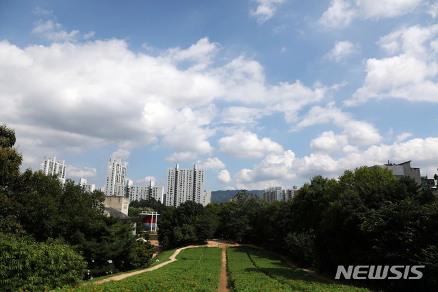 【서울=뉴시스】김선웅 기자 = 10호 태풍 크로사의 영향권에서 벗어난 16일 오후 서울 송파구 올림픽공원 들꽃마루에서 바라본 하늘 위로 뭉게구름이 가득하다. 2019.08.16.&nbsp; mangusta@newsis.com