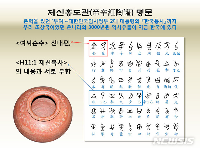 <사진> 제신홍도관(帝辛紅陶罐) 명문. 은나라 마지막 천자 제신이 서주 무왕과의 ‘목야대전’을 앞두고 별점을 친 후 새겨 남긴 3천년 된 역사문헌.