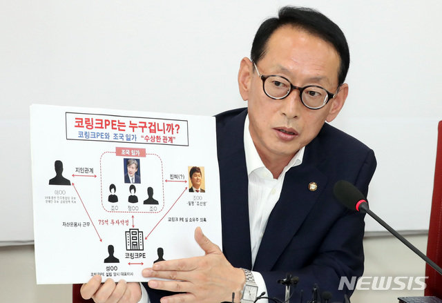 【서울=뉴시스】 박영태 기자 = 19일 오전 서울 여의도 국회에서 열린 자유한국당 조국 인사청문회 대책TF 1차회의에서 김도읍 의원이 조국 법무부장관 후보자와 코링크PE와의 관계도를 들고 발언을 하고 있다. 2019.08.19.since1999@newsis.com