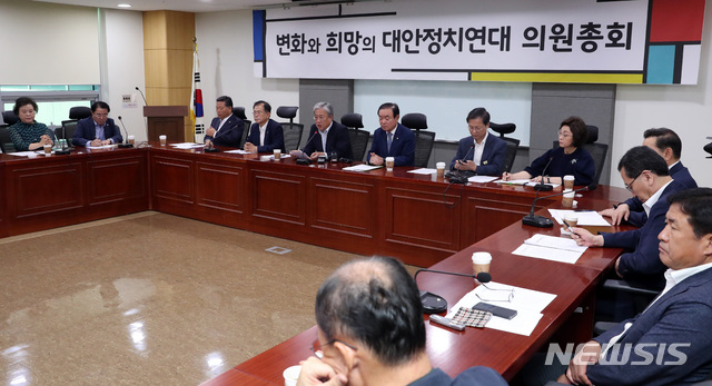 【서울=뉴시스】 박영태 기자 = 20일 오전 서울 여의도 국회 의원회관에서 열린 변화와 희망의 대안정치연대 의원총회에서 유성엽 임시대표가 발언하고 있다. 2019.08.20.since1999@newsis.com