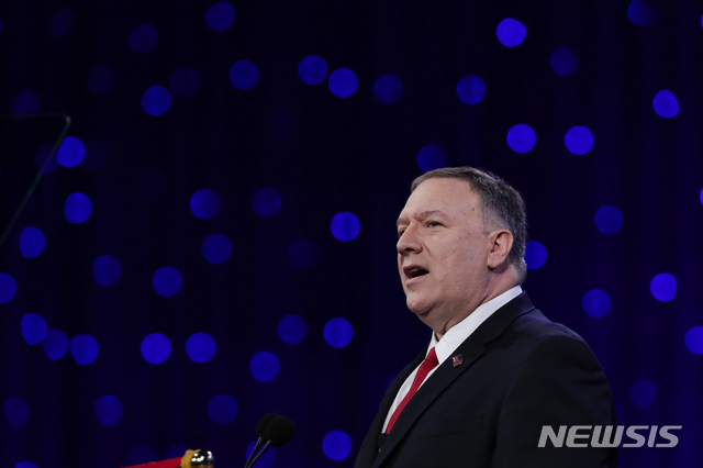 【인디애나폴리스=AP/뉴시스】마이크 폼페이오 미국 국무장관은 27일(현지시간) 인디애나주 인디애나폴리스에서 열린 미국재향군인회(아메리칸 리전) 101회 총회에서 연설하고 있다. 2019.08.28 