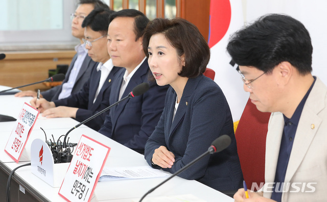 【서울=뉴시스】이종철 기자 = 28일 서울 여의도 국회에서 자유한국당 나경원 원내대표가 정개특위 관련 기자 브리핑을 하면서 선거법도 날치기 하는 민주당을 규탄하고 있다. 2019.08.28.&nbsp; jc4321@newsis.com