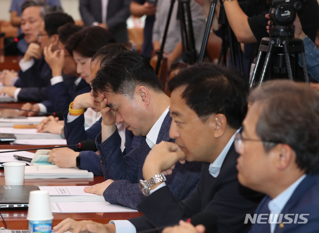 【서울=뉴시스】고승민 기자 = 29일 서울 여의도 국회에서 조국 법무부 장관 인사청문회 실시계획서 채택의 건 및 증인, 참고인 채택의 건 등을 안건으로 열린 법제사법위원회에서 야당 의원들의 청문회 관련 발언이 이어지자 여당인 민주당 의원들이 심각한 표정을 짓고 있다. 2019.08.29. kkssmm99@newsis.com