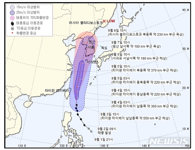 【서울=뉴시스】제13호 태풍 링링(LINGLING) 예상경로. (사진=기상청)