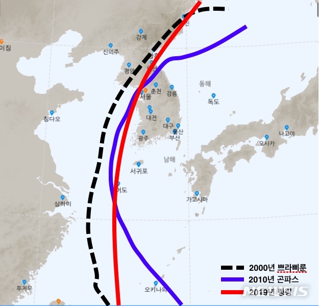 【서울=뉴시스】기상청에 따르면 제13호 태풍 링링은 2010년의 곤파스와 2000년의 쁘라삐룬보다 우리나라 서해안에 근접해 접근할 전망이다. 따라서 비와 바람의 영향이 더욱 클 것으로 보인다. 2019.09.04 (제공=기상청) 