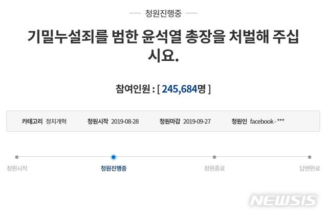 【서울=뉴시스】 청와대 국민청원 게시판에 올라온 윤석열 검찰총장 기밀누설죄 처벌 촉구 청원에 20만명이 넘게 동의했다. (청와대 국민청원 게시판) 