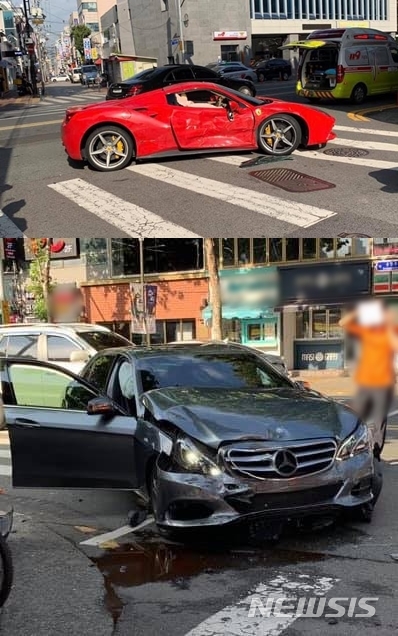 【대구=뉴시스】이은혜 기자 = 10일 오전 대구시 중구 삼덕동1가에서 외제차 간 추돌 사고가 발생했다. 2019.09.10. (사진=페이스북 '실시간 대구' 페이지 제공) photo@newsis.com