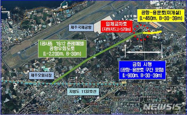 【제주=뉴시스】현재 공사 중인 제주국제공항 우회도로 개설사업과 동서 지하차도 개설사업 위치도. (사진=제주시 제공)