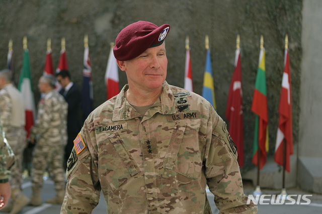 [바그다드=AP/뉴시스]폴 라카메라 주한미군사령관 지명자가 지난 2019년 9월14일 이라크 바그다드 유니온Ⅲ 기지에서 열린 이관식에 참석한 모습. 2021.05.18.