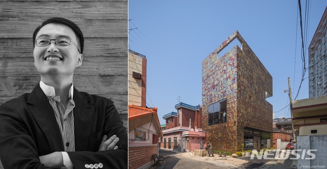 【울산=뉴시스】 박수지 기자 = 정웅식 건축가(좌)와 울산시 중구 옥교동에 위치한 ‘동네가게 녹슨’ 전경.2019.09.18.(사진=윤준환 제공) photo@newsis.com