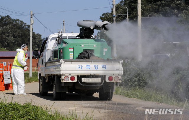 【연천=뉴시스】최동준 기자 = 18일 아프리카돼지열병(ASF)이 발생한 경기 연천군의 한 돼지 농장으로 들어가는 길목에서 방역 관계자가 소독 작업을 하고 있다. 2019.09.18.&nbsp; photocdj@newsis.com 