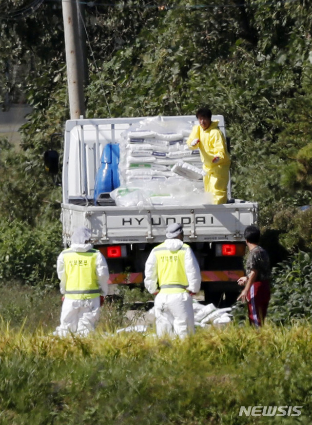 【연천=뉴시스】최동준 기자 = 18일 아프리카돼지열병(ASF)이 발생한 경기 연천군의 한 돼지 농장에서 가축위생방역지원본부 등 관계자들이 가축방역용(소독용) 생석회를 차에서 내리고 있다. 2019.09.18. photocdj@newsis.com