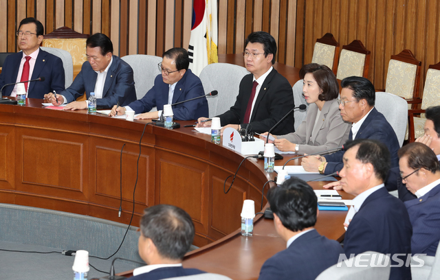 【서울=뉴시스】김명원 기자 = 20일 오전 서울 여의도 국회 본청 245호실에서 열린 자유한국당 원내대책회의에서 나경원 원내대표가 조국 정국과 관련 모두발언을 하고 있다.&nbsp; 2019.09.20.&nbsp; kmx1105@newsis.com