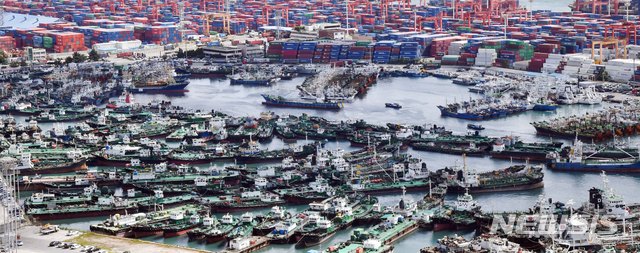 【부산=뉴시스】 하경민 기자 = 제17호 태풍 '타파'(TAPAH)가 북상 중인 20일 부산 동구 부산항 5부두(관공선부두)에 미리 대피한 선박들이 가득 들어차 있다. 2019.09.20.&nbsp;&nbsp; yulnetphoto@newsis.com