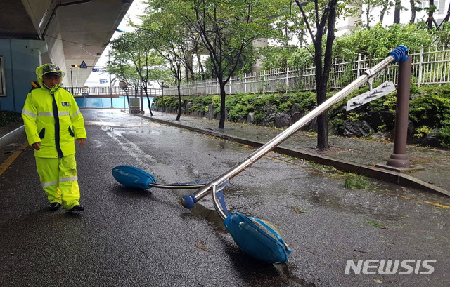 【부산=뉴시스】 제17호 태풍 '타파'(TAPAH)가 북상 중인 22일 부산지역에 태풍경보가 발령된 가운데 수영구 민락교 인근 인도의 가로등이 강풍에 도로로 쓰러진 것을 순찰 중이던 경찰이 발견해 안전조치를 했다. 2019.09.22. (사진=부산경찰청 제공) photo@newsis.com
