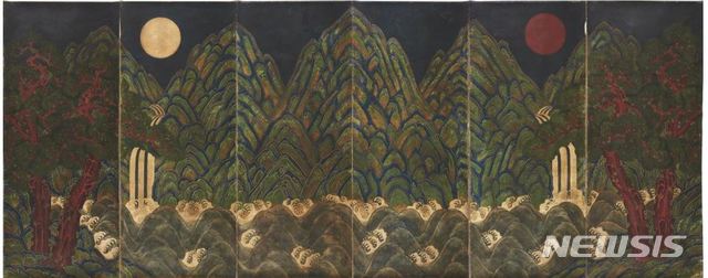 【서울=뉴시스】14억에 낙찰된 일월오봉도(日月五峯圖)각 168x68cm, 비단에 채색, 1857