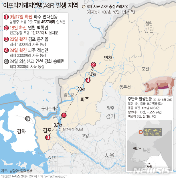 【서울=뉴시스】24일 농림축산식품부에 따르면 경기 북부에 이어 인천시 강화군 소재 돼지 농가에서 아프리카돼지열병(ASF) 의심 농가가 나왔다. (그래픽=안지혜 기자) hokma@newsis.com