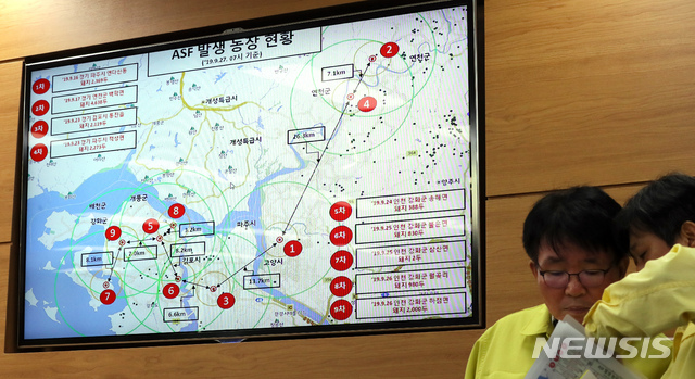 【세종=뉴시스】강종민 기자 = 27일 오전 정부세종청사 농림축산식품부에서 아프리카돼지열병(ASF) 방역 관계자들이 대책을 논의하고 있다. 2019.09.27.&nbsp; ppkjm@newsis.com