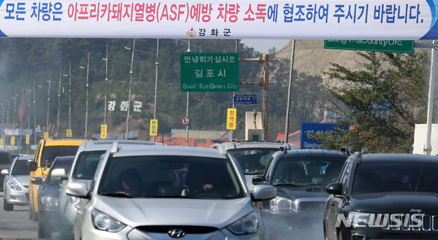 【인천=뉴시스】추상철 기자 =충남 홍천서 아프리카 돼지열병 의심 신고가 접수돼 전국 확산 우려가 커지고 있다. 29일 오후 차량이 인천 강화군 강화읍 거점소독소를 지나고 있다. 2019.09.29. scchoo@newsis.com