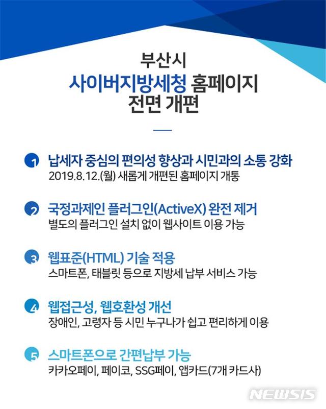 [부산=뉴시스] 허상천 기자 = 부산시는 지방세와 상하수도요금, 과태료 등을 편리하게 납부 할 수 있는 ‘사이버지방세청 고도화 시스템’을 올 10월부터 본격 가동한다고 30일 밝혔다. 2019.09.30. (그래픽 = 부산시 제공) photo@newsis.com