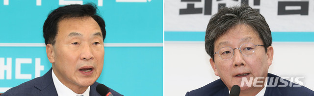 【서울=뉴시스】 이종철 장세영 기자 = 바른미래당 손학규 (왼쪽)대표가 30일 국회에서 열린 최고위원회의에서 모두발언을 하고 있다. 또한 최고위원회의 회의실 옆에서는 유승민 의원이 비상의원총회에서 발언을 하고 있다. 2019.09.30.&nbsp; photo@newsis.com 