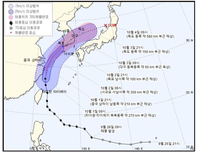 【서울=뉴시스】1일 오전 10시 기준 제18호 태풍 '미탁(MITAG)'의 예상 이동 경로. (사진=기상청 캡쳐).