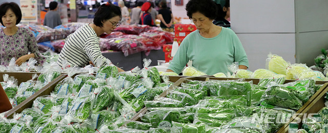 【서울=뉴시스】박주성 기자 = 지난달 소비자물가지수가 전년 동월 대비 0.4% 하락했다. 소비자물가지수가 전년 동월 대비 마이너스(-)를 나타낸 것은 통계청이 물가를 집계하기 시작한 1965년 이래 처음이다.&nbsp; 품목 성질별로는 농·축·수산물이 1년 전보다 8.2% 하락해 전체 물가를 0.7% 포인트 끌어내렸다. 특히 채소류 가격이 21.3% 내렸고 축산물도 0.7% 하락했고 공업제품은 0.2% 하락했는데 특히 석유류가 1년 사이에 5.6% 내려 전체 물가를 0.26% 포인트 낮추는 효과를 냈다. 서비스 물가는 0.5% 상승해 전체 물가를 0.29% 포인트 올렸다. 개인서비스가 1.5% 올랐고 공공서비스는 1.2%, 집세는 0.2% 각각 하락했다.&nbsp; 사진은 1일 오후 서울의 한 대형마트에서 고객들이 채소를 고르는 모습. 2019.10.01.&nbsp; park7691@newsis.com