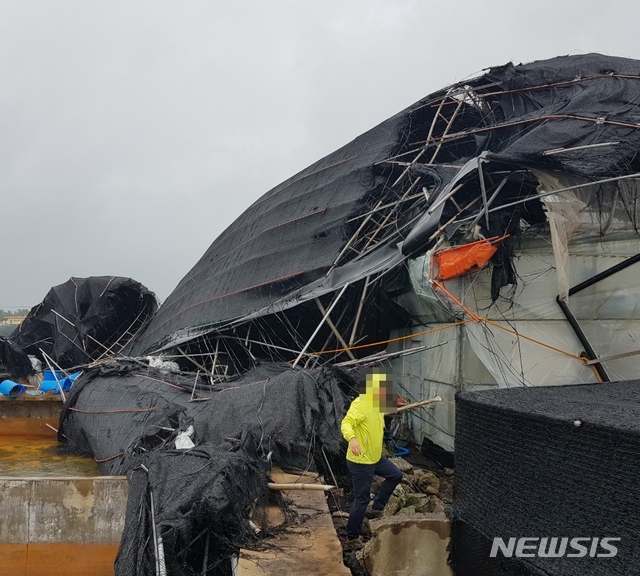 【서귀포=뉴시스】강경태 기자 = 2일 오후 제주 서귀포시 성산읍 신천리에 있는 한 양식장 구조물이 태풍 ‘미탁’의 강풍으로 파손됐다. 2019.10.02. (사진=독자 제공) photo@newsis.com