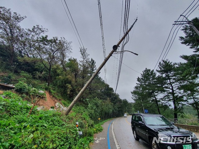 【삼척=뉴시스】김태식 기자 = 3일 강원 삼척시 원덕읍 갈남리 도로의 전신주가 태풍 '미탁'의 영향으로 위태롭다.2019.10.03.&nbsp; newsenv＠newsis.com 