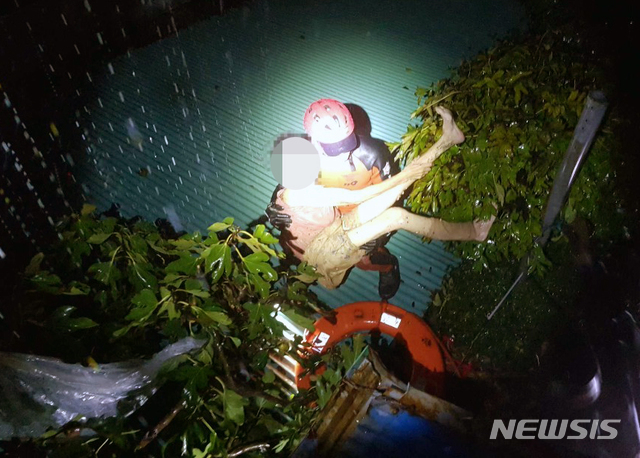 【삼척=뉴시스】 김경목 기자 = 강원 삼척소방서 소방관이 3일 오전 북상 중인 제18호 태풍 '미탁(MITAG)'이 몰고 온 폭우로 침수 피해를 입은 삼척시 원덕읍 갈남리에서 할머니를 구조하고 있다. 2019.10.03. (사진=삼척소방서 제공) photo＠newsis.com