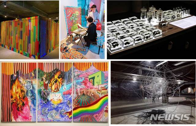 【서울=뉴시스】'2019 아트프라이즈 강남'의 '톱5' 작품 '인피니티 월'(308 아트 크루), '초명화 시리즈 – 그림이 그려주는 그림'(임솔몬), '콜렉션 – 멸종 위기의 생명체들'(심세움), '시간의 교점'(이정동), '노래하고 춤추는 사람'(홍채연, 이상 좌측 상단부터 시계 방향) 