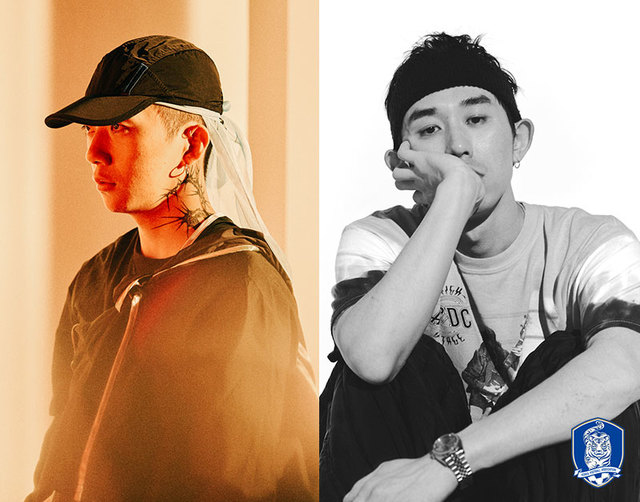 【서울=뉴시스】우원재(왼쪽)와 코드쿤스트.(사진=대한축구협회 제공)