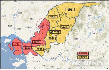 【세종=뉴시스】ASF 발생지역과 완충지역 현황(사진=농림축산식품부)