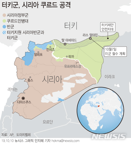 【서울=뉴시스】터키군이 9일(현지시간) 쿠르드군이 점거한 시리아 북동부를 향해 군사작전을 개시해 지역 불안이 다시 고조됐다. (그래픽=안지혜 기자) hokma@newsis.com